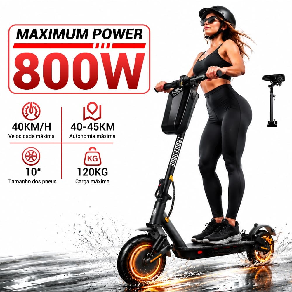 TRAILFORGE 10"Patinete Eletrico Scooter 800W 40KM/H 12.5AH 45KM Autonomia