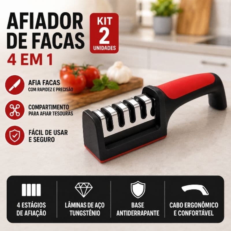 Afiador De Facas e tesouras 4 em 1 Amolador Profissional Com Afiação Rápida Em Aço Inoxidável para cozinha e churrasco.