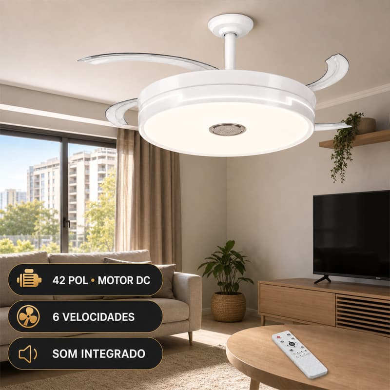 Ventilador de Teto Retrátil LED 108CM 110V/220V Branco com Som Integrado Controle Remoto
