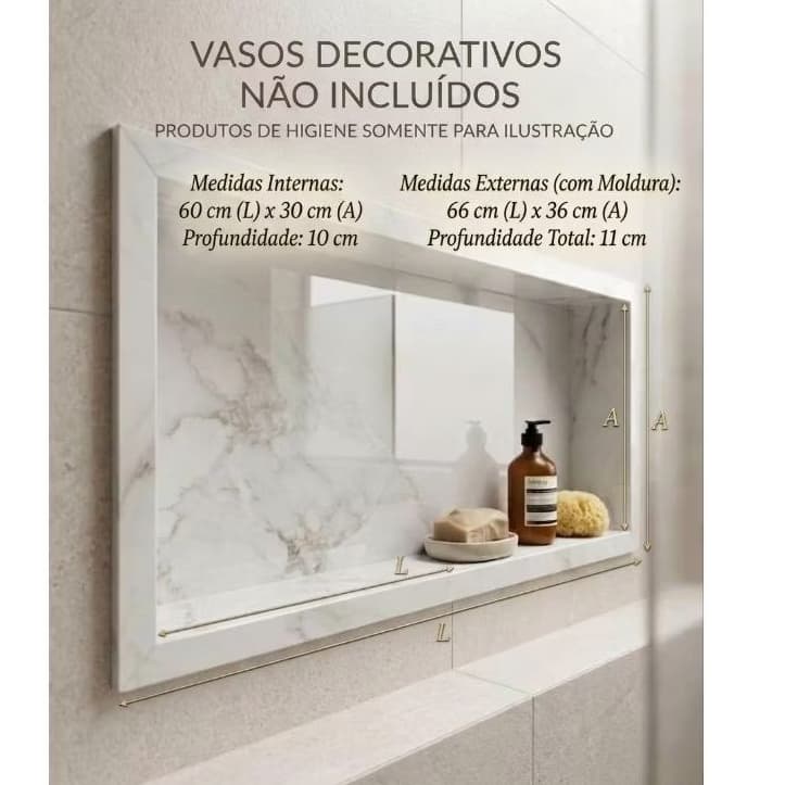 Nicho Banheiro Embutir Design Porcelanato Porta Shampoo Bordas Diamante Acabamento Premium Medidas 60×30cm/50×23cm