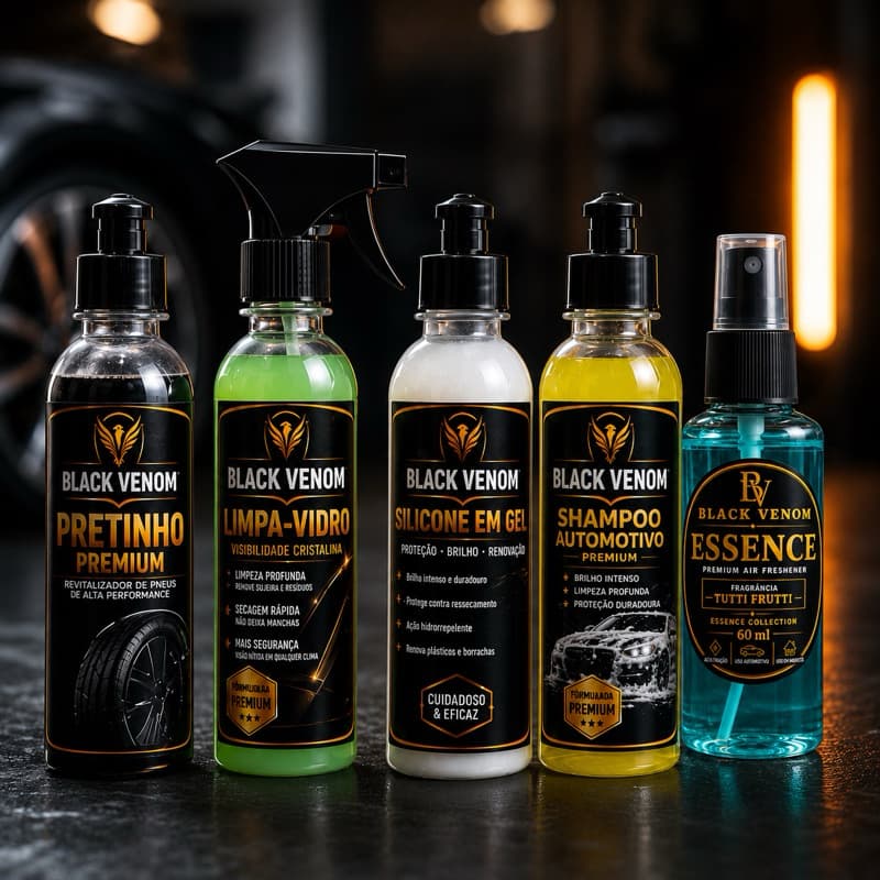 kit com limpeza automotiva completo silicone em gel cheirinho pretinho limpa vidros e shampoo automotivo