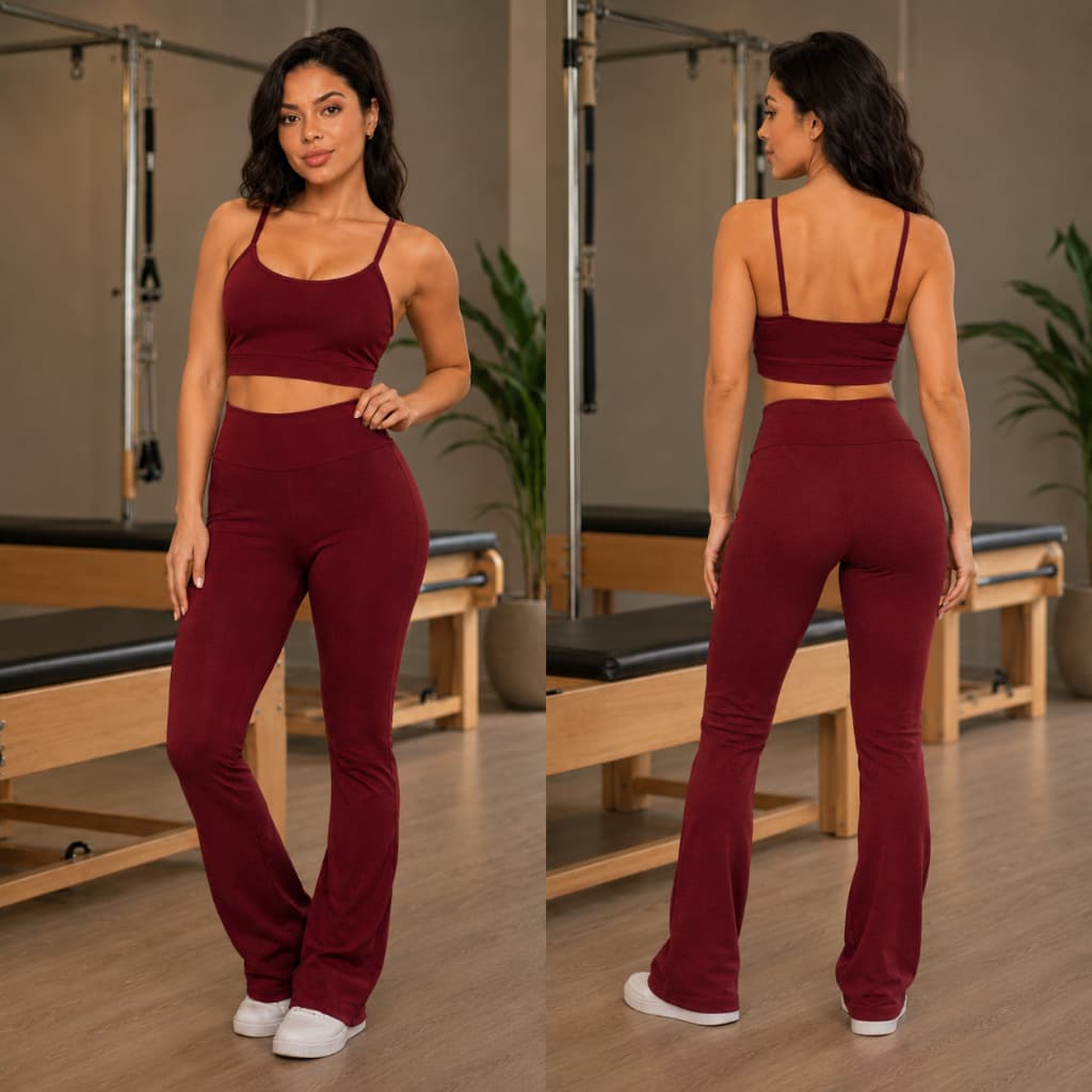 Conjunto Feminino Academia Fitness Bordô Top e Legging Flare Cintura Alta Zero Transparência