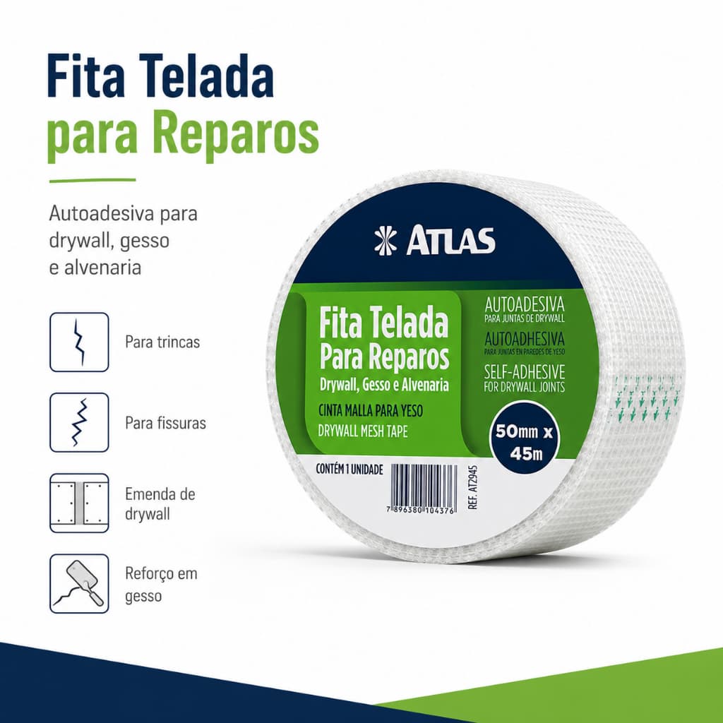Fita Telada para Reparos 50mm x 45m Drywall Gesso Alvenaria Auto Adesiva