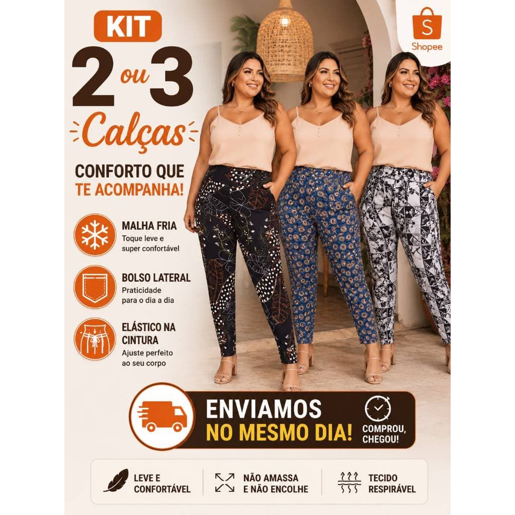 Kit 2 ou 3 Calças Feminina Liganete com Bolso Confortável