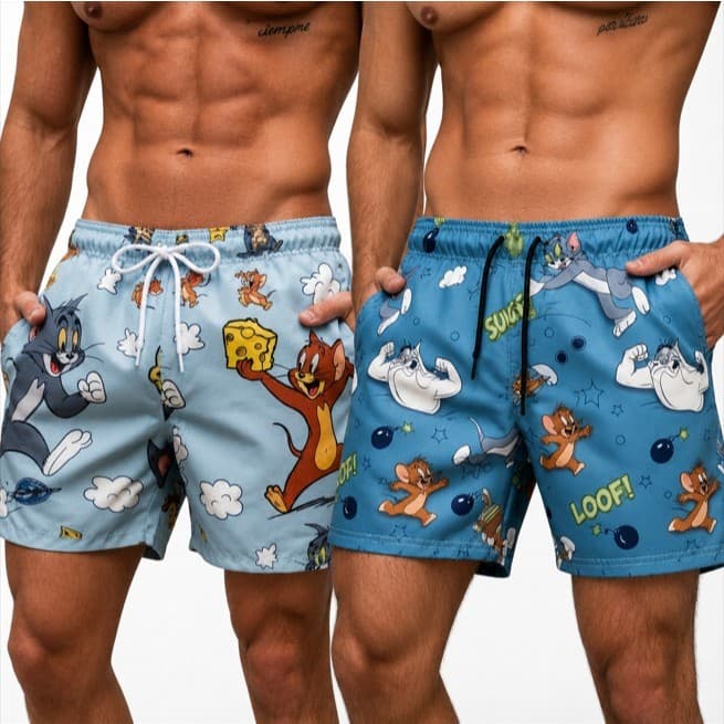 Kit 2 Shorts Bermuda Masculino Anime Estampado Tom e Jerry Tactel Praia Piscina Casual P ao XG