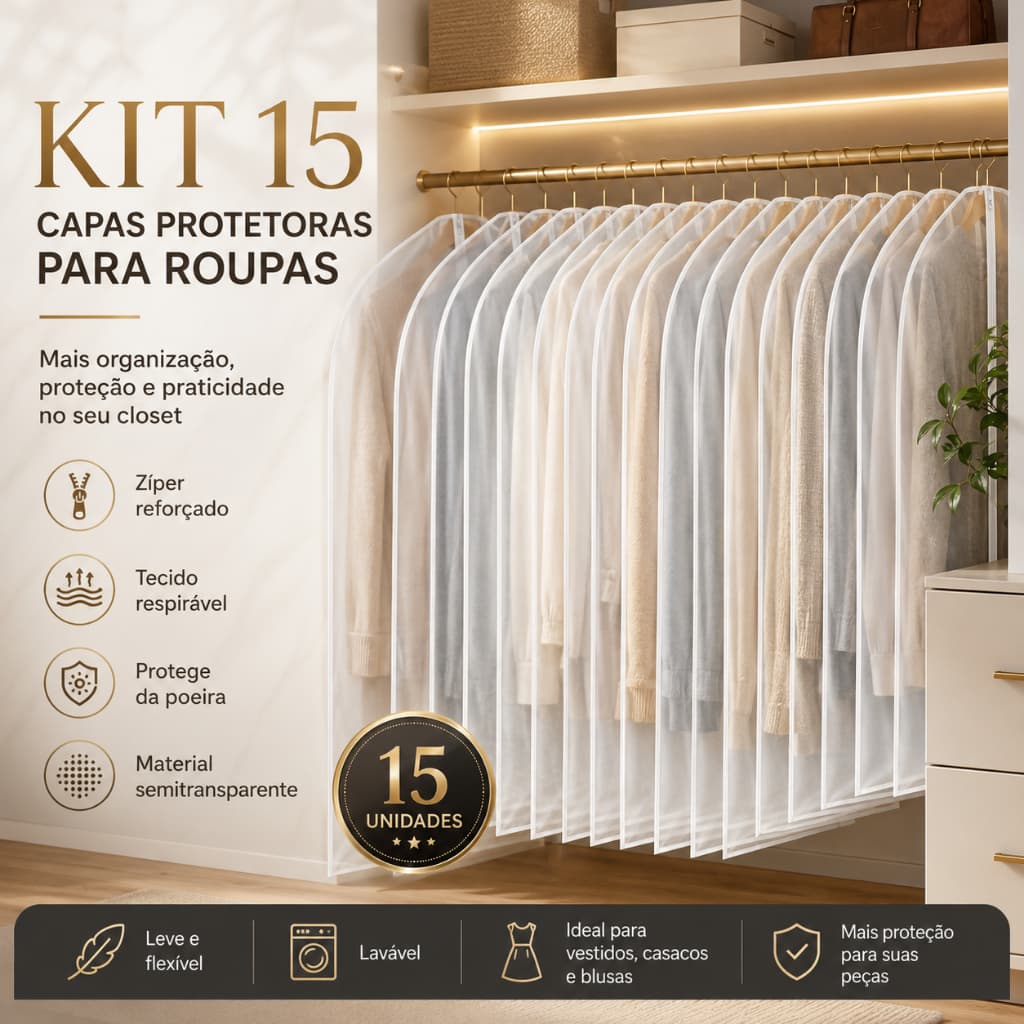 Kit 15 Capa anti poeira resistente água ternos camisa paletó transparente zíper 120cm 60cm cabide