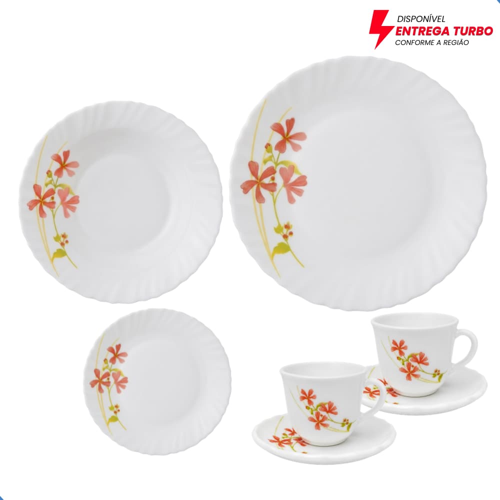 Aparelho de Jantar e Chá 20 Peças - Ideal Para Mesa Posta, Almoço e Jantar - Pratos, Xícaras e Píres