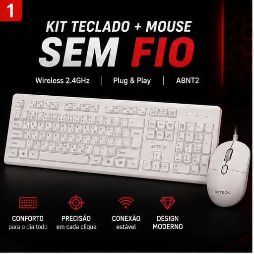 Kit Teclado e Mouse Sem Fio Aitek AKT-W111 Wireless 2.4GHz ABNT2 Branco