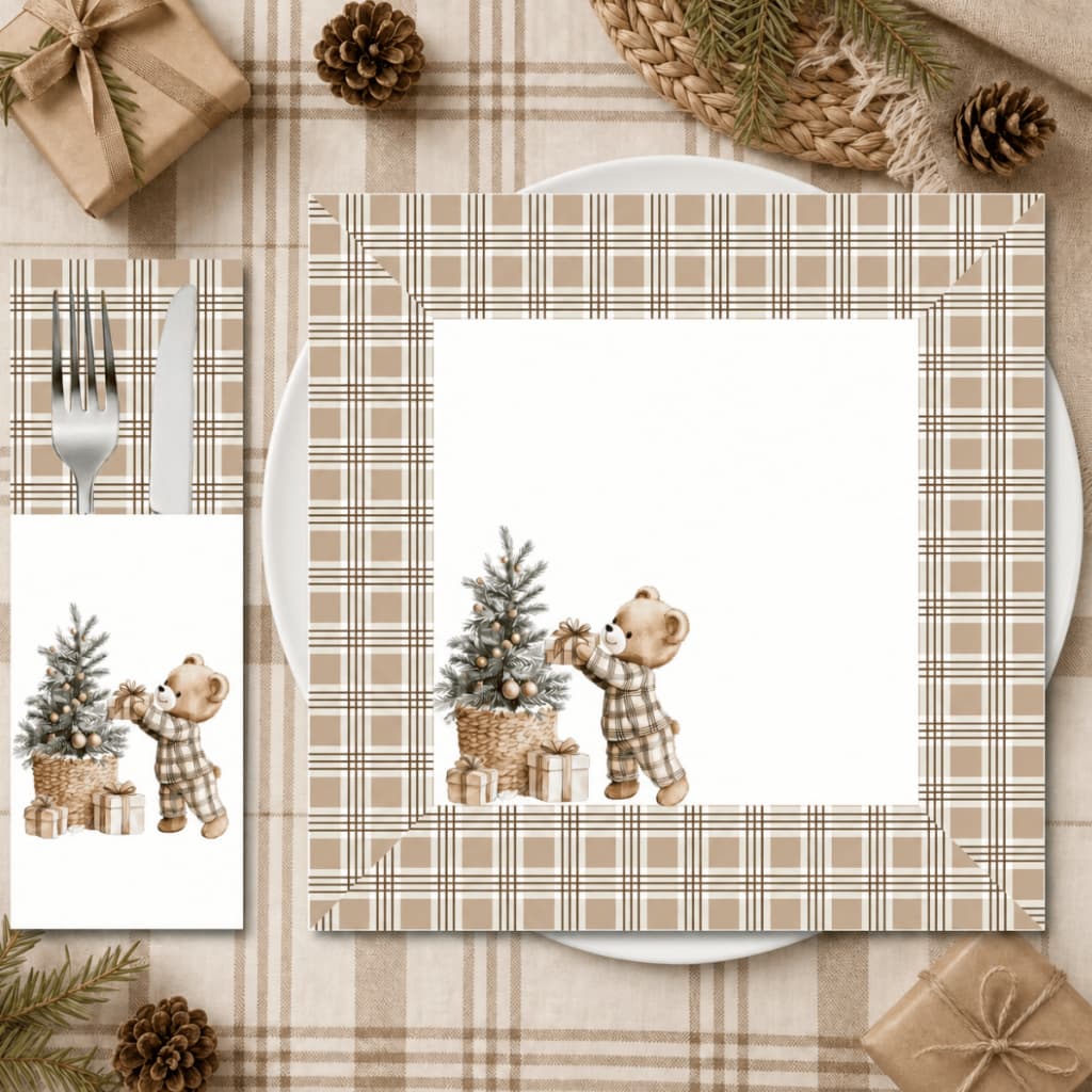 Kit 8 Peças 4 Porta-Talheres + 4 Guardanapos Natalinos Estampados para Mesa Posta e Ceia de Natal