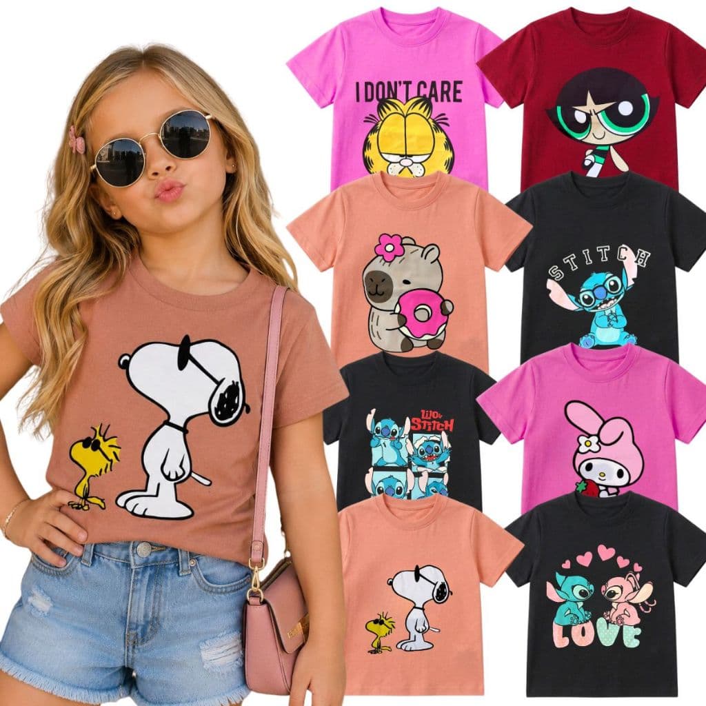 Kit 4 Camiseta Infantil Menina Manga Curta 100% Algodão Verão Personagem Sortidos 4/6/8 | Blusa Infantil Menina Feminino