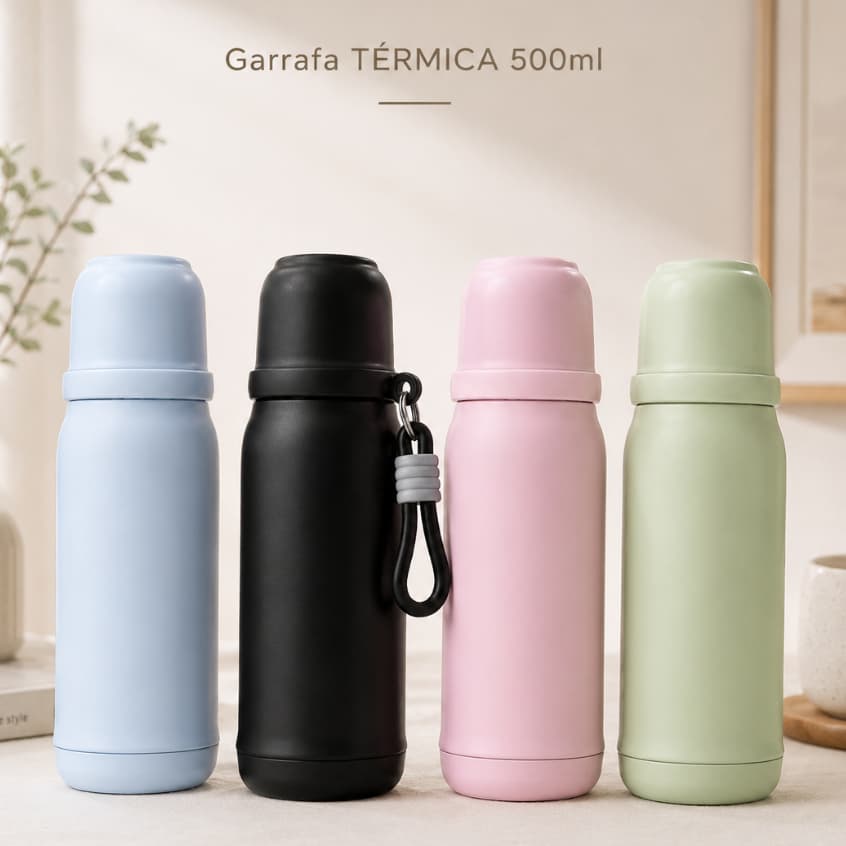Garrafa Térmica Personalizada Café Leite Chá 500 Ml Quente e Frio com Alça Inox Isolante Térmico