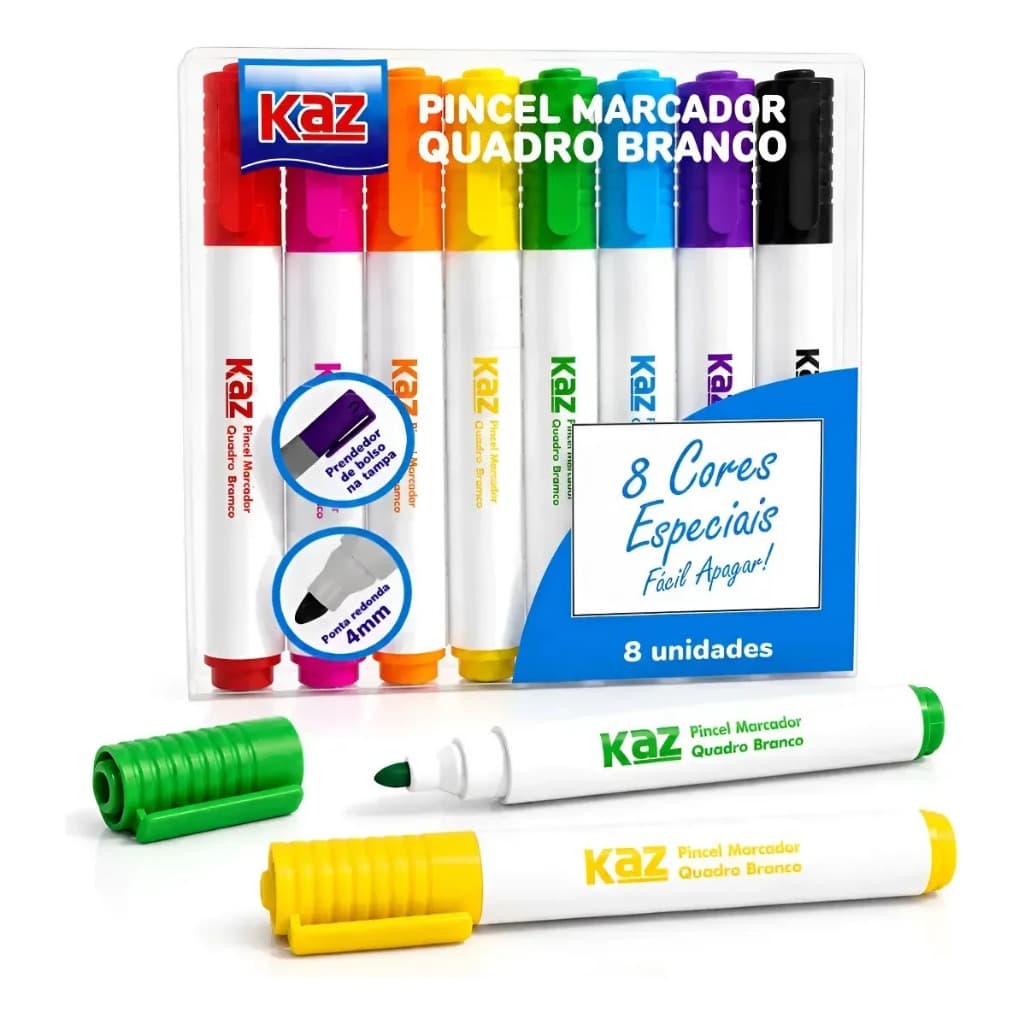 Marcador Quadro Branco 8 Cores Ponta Redonda Canetao Kaz