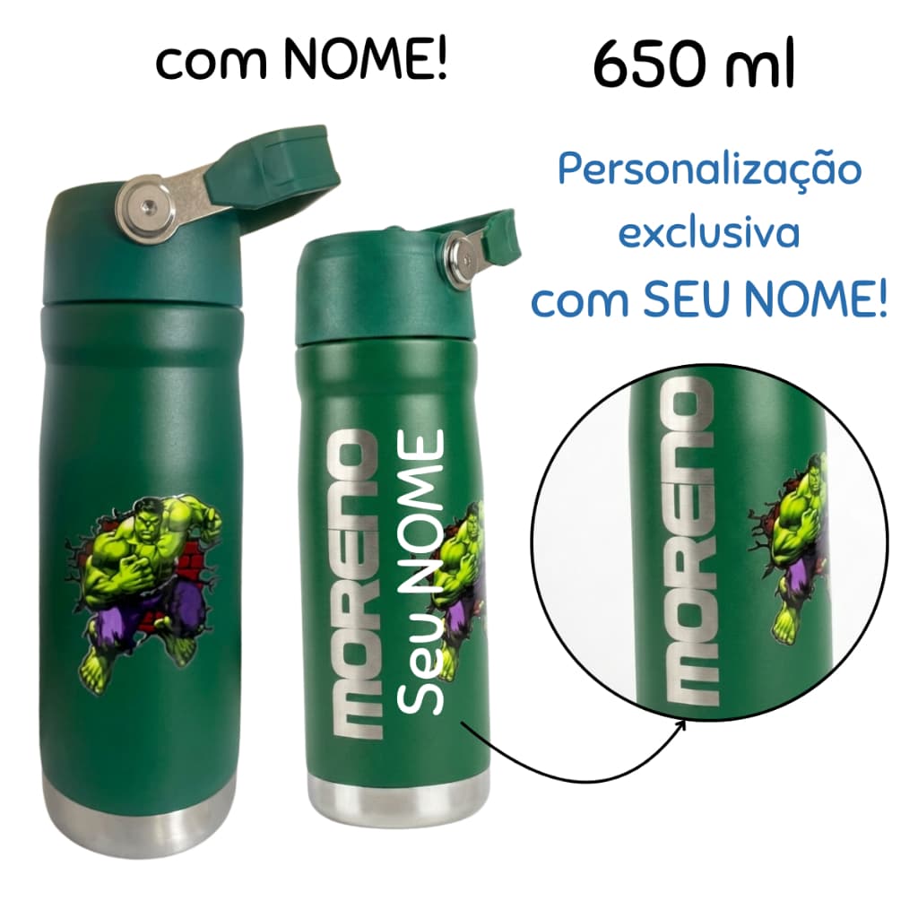 Garrafa Térmica Com Seu NOME Personalizada Incrível Hulk Com BICO Trava de Segurança 650 ml INOX escolar Adulto infantil