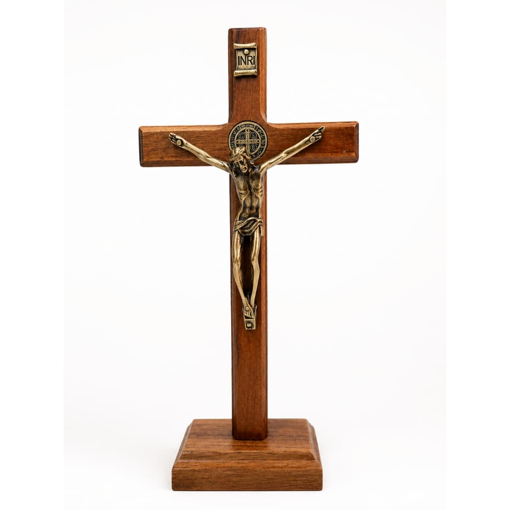 CRUZ CRUCIFIXO SÃO BENTO 19CM MADEIRA MESA E PAREDE COM CRISTO E MEDALHA PROTEÇÃO ALTAR DECORAÇÃO PRESENTE