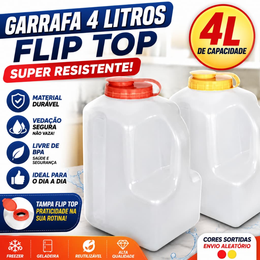 Garrafa de Agua 4 Litros Flip Top Suco Agua Eventos Pic Nic Multiuso Super Resistentes