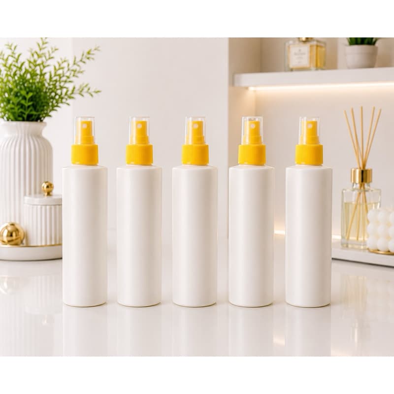 Kit 10 Frascos Branco Perolado 300ml c Válvula Spray Amarela - agua Micelar, Shampoo, Sab. Liquido, hidratante