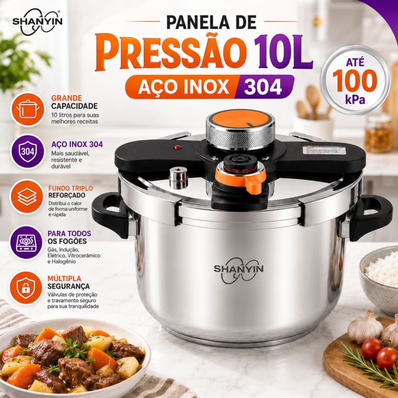 Panela de Pressão Inox 304 10L 100kPa com Cesto a Vapor, Trava Giratória, 3 Níveis, Indução e Gás