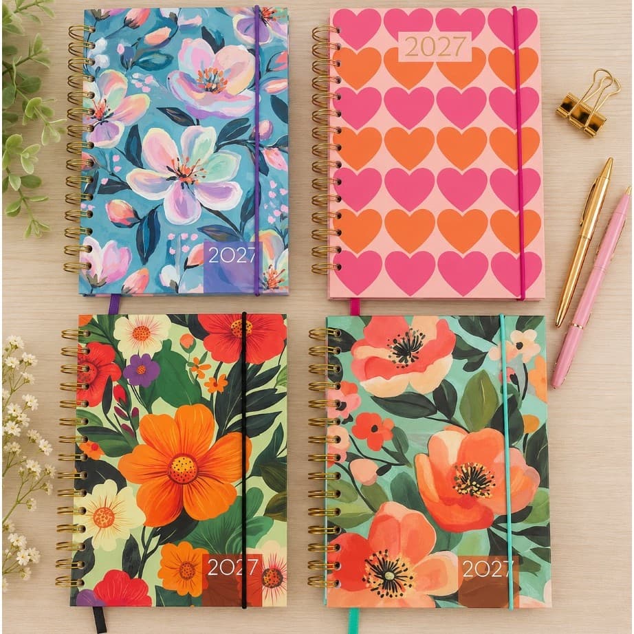 Agenda 2027 Flores Diária 14cm x 20cm Espiral Capa Dura Planejamento Diário