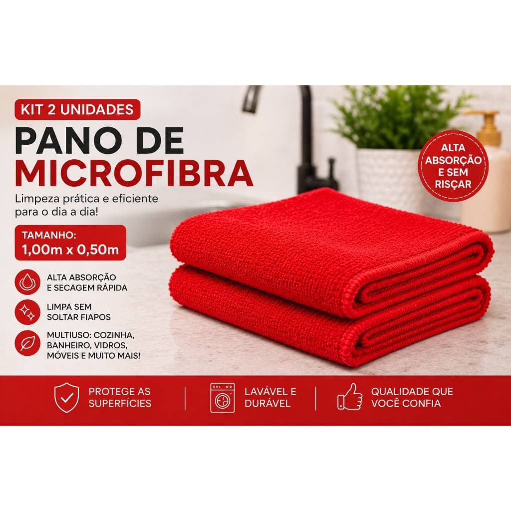 Pano De Limpeza De Microfibra Alta Absorção Multiuso Grande  (1.00metro x 0.50cm) com 2 Unidades