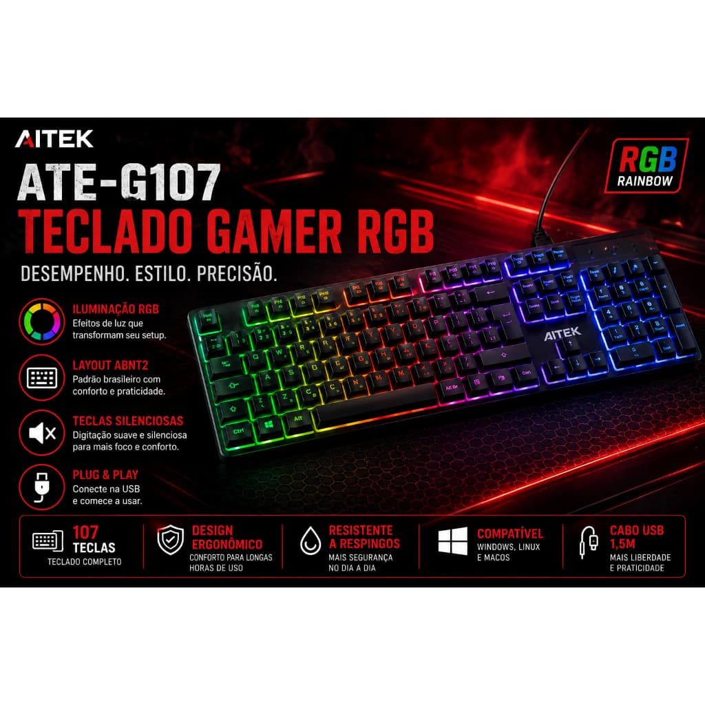 Teclado Gamer RGB ATE-G107 ABNT2 USB LED Rainbow Plug & Play Teclas Silenciosas Para PC Notebook