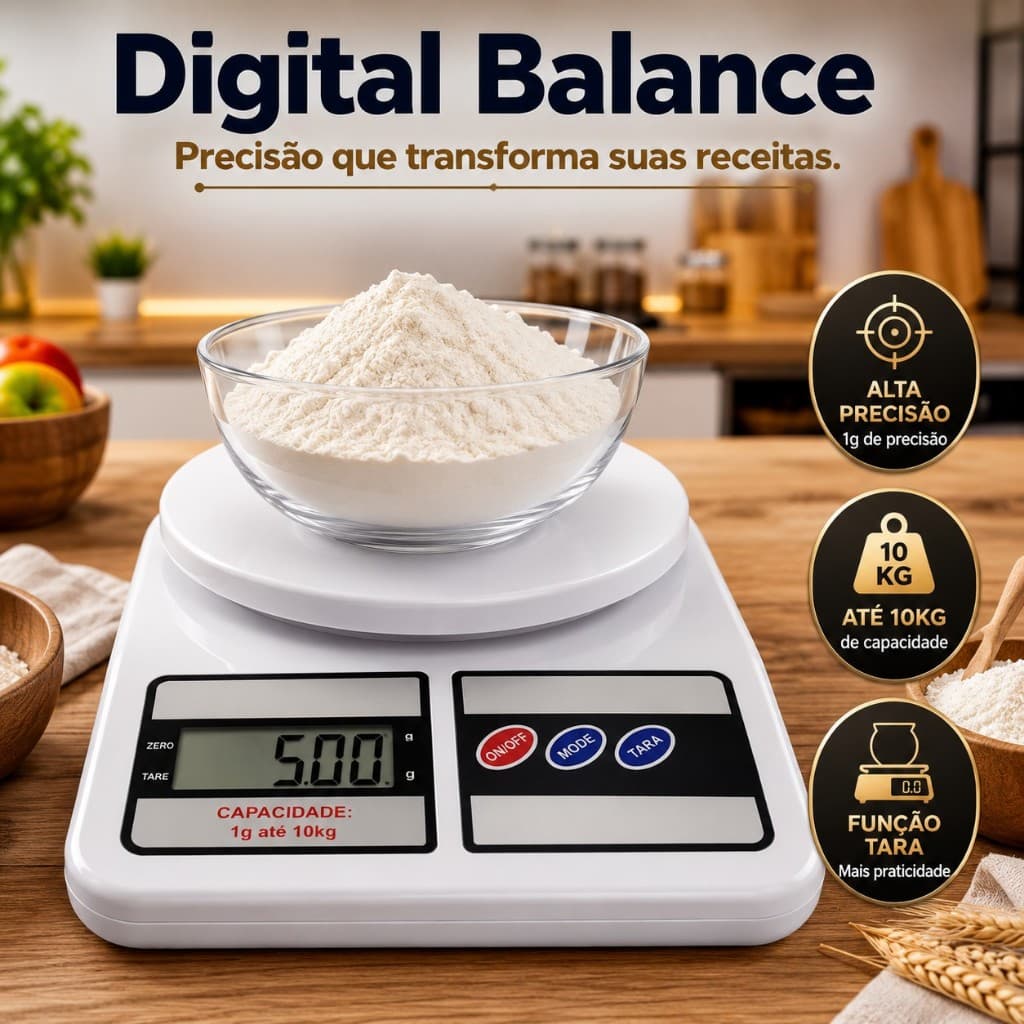 Balança Digital Cozinha Alta Precisão Capacidade 10kg Design Compacto Medidor Peso Fácil Uso