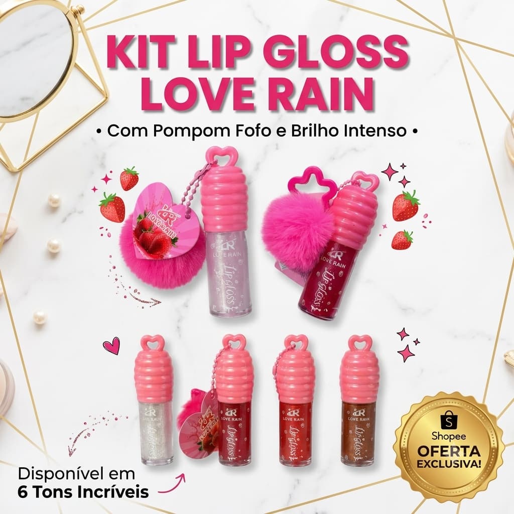 🍓✨ Lip Gloss Love Rain Com Chaveiro Pompom – Brilho, Cheirinho & Fofura!