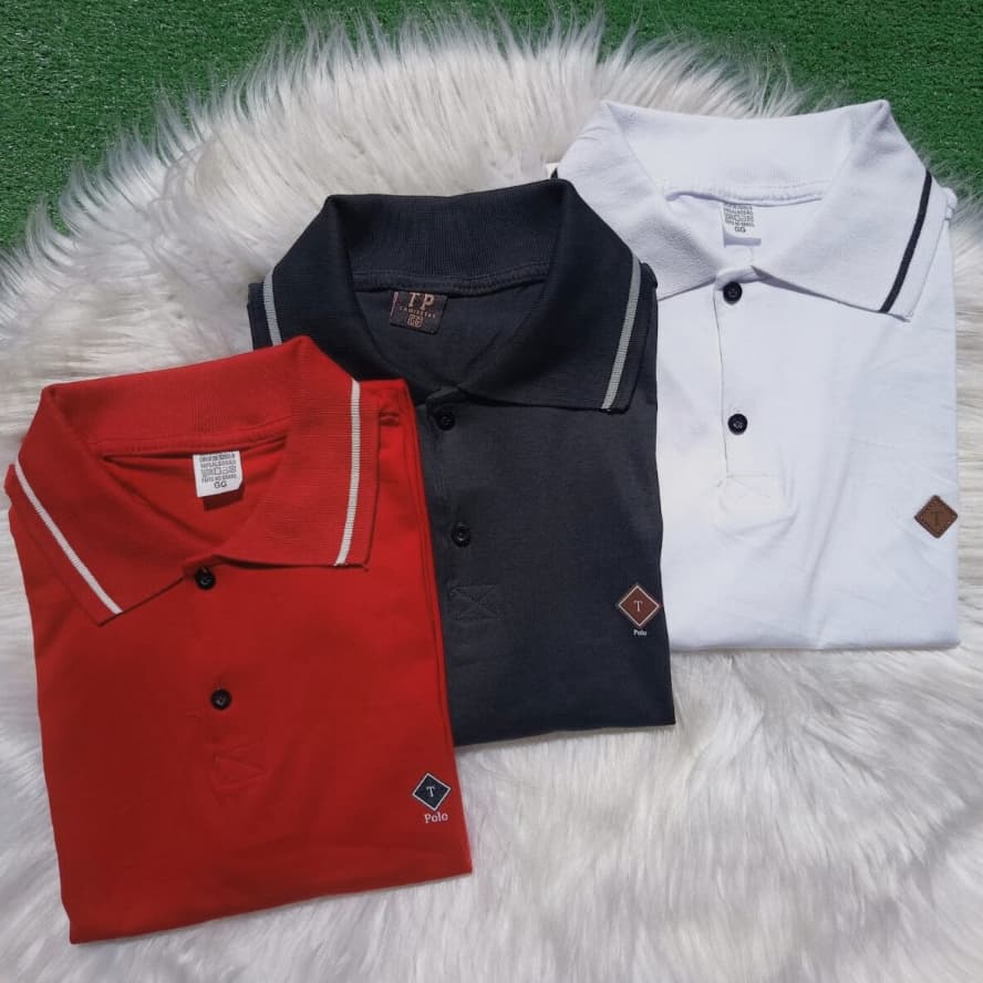 Kit 3 Camisetas Gola Polo Masculina 100% Algodão Vermelho-Preto-Branco