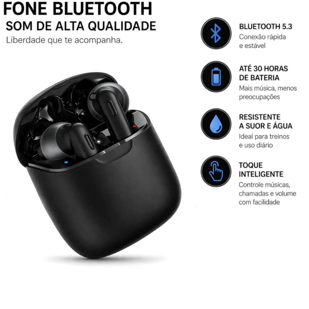Fone De Ouvido Sem Fio Bluetooth TWS Som Limpo Microfone Integrado Grave Forte Esportes