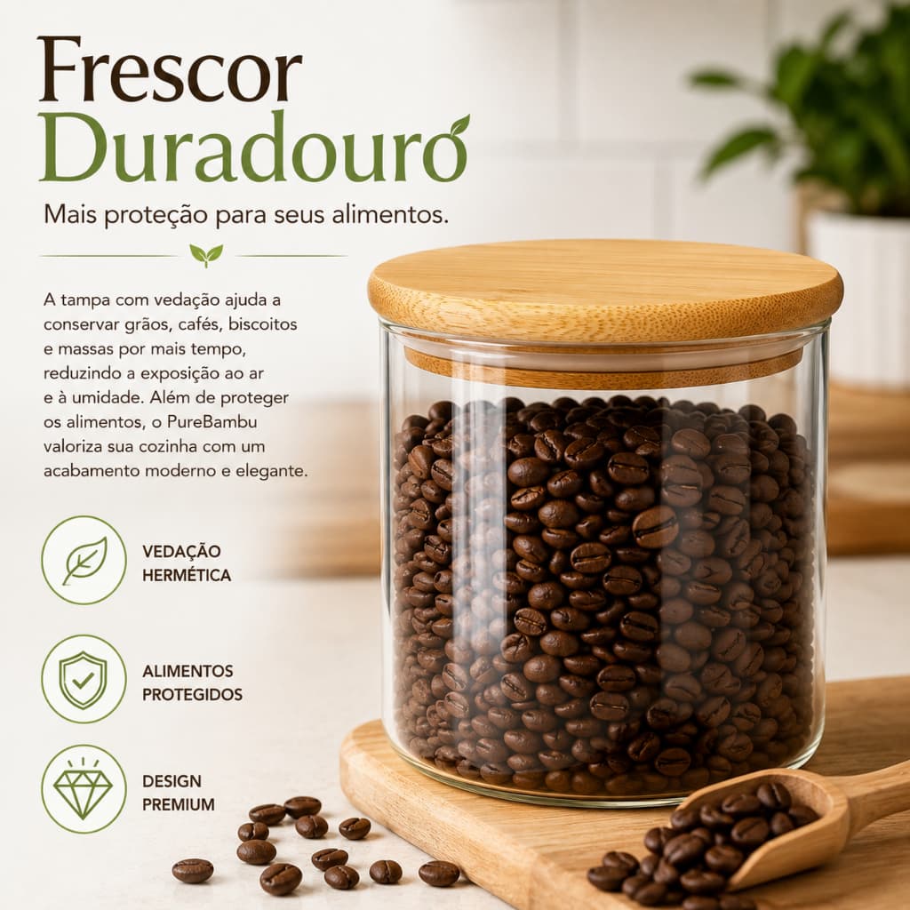 Pote Hermético de Vidro Borossilicato 800ml com Tampa de Bambu Vedação Hermética para Mantimentos Café Grãos Açúcar