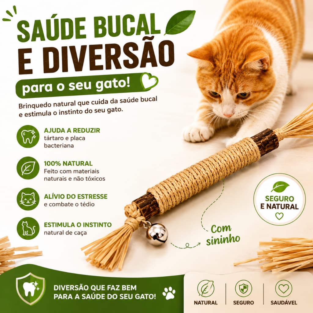 Bastão Mordedor Natural para Gato com Sino para Alíviar do Estresse