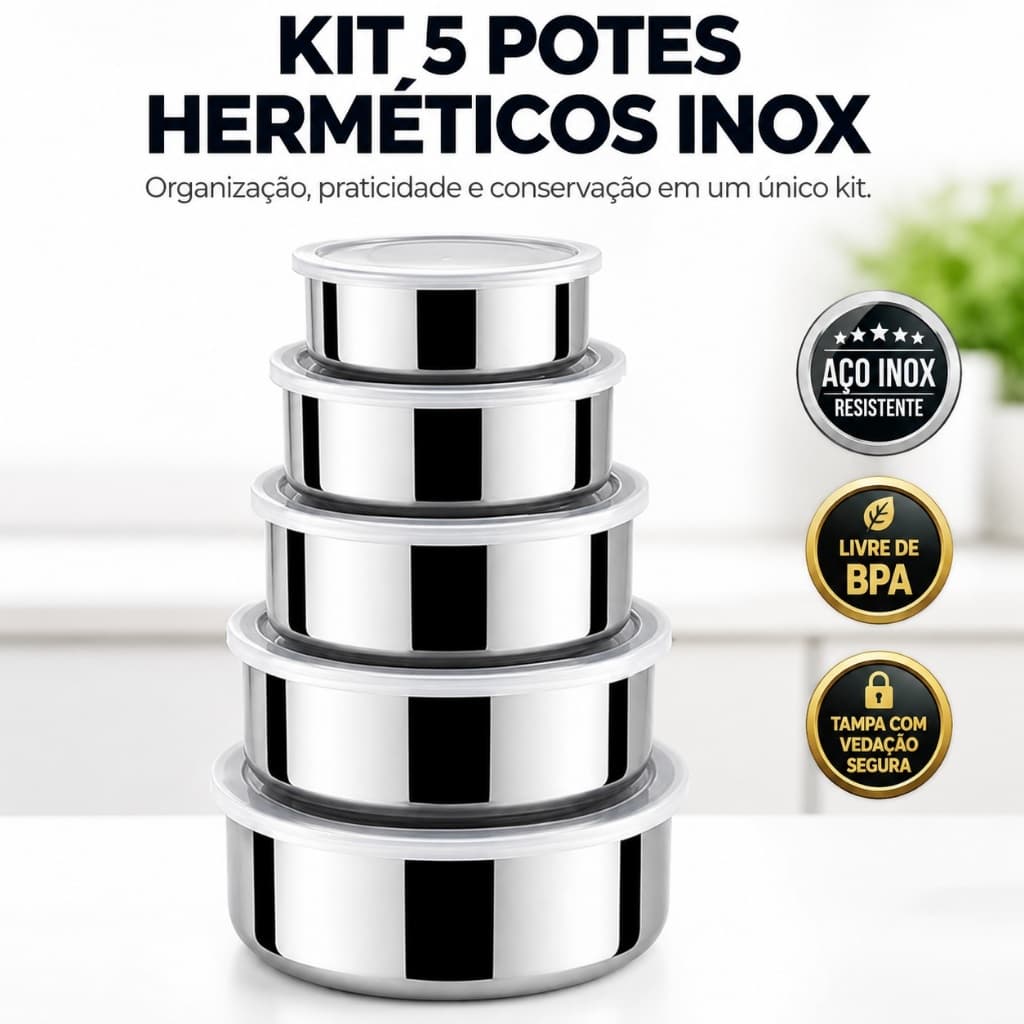 Kit 5 Potes Herméticos Inox com Tampa Vedada Redondos para Mantimentos Geladeira Marmita Cozinha