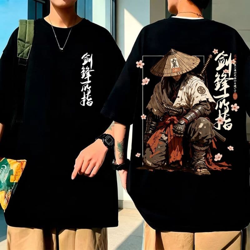 【Camiseta masculina de algodão de alta qualidade】Desenho guerreiro ronin sakura arte asiática camiseta casual masculina