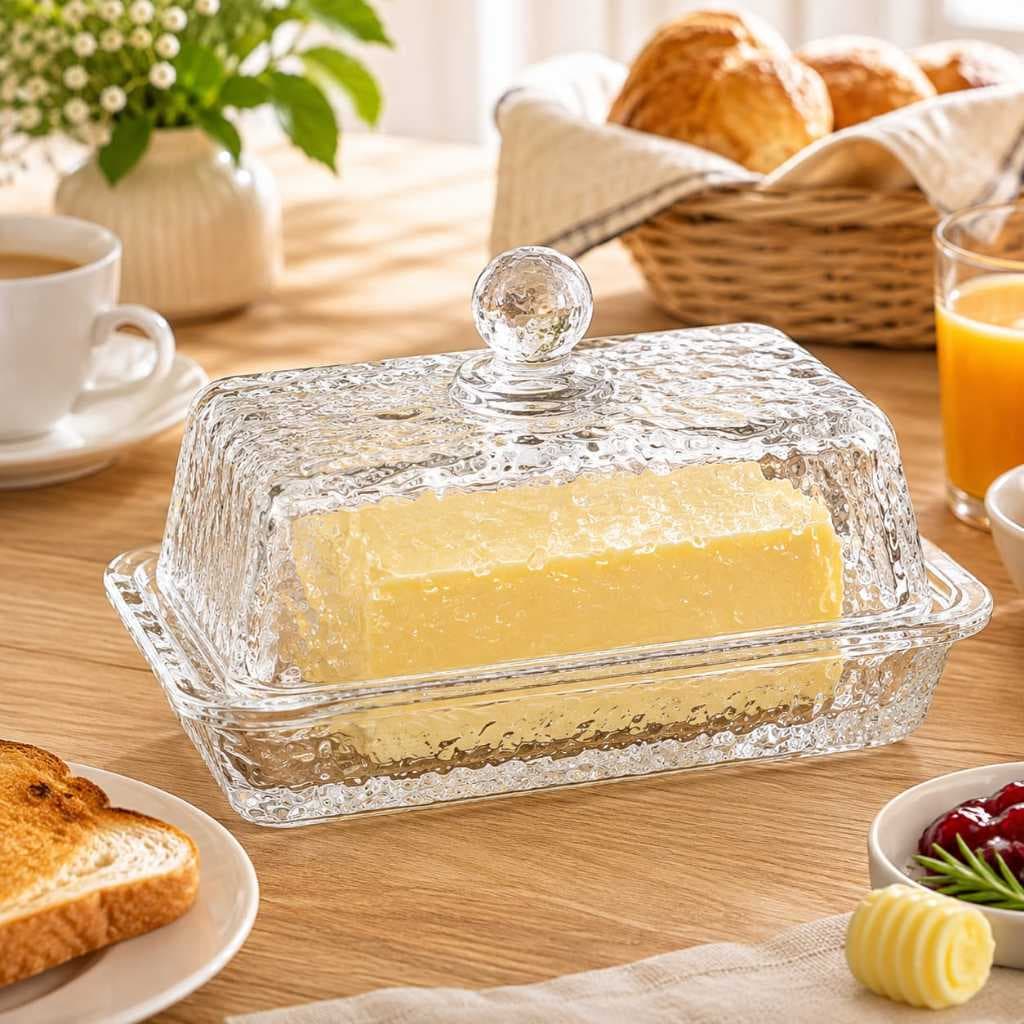 Manteigueira de Cristal Martelado Lyor com tampa Petra Grande | Transparente Requintada Luxo Mesa Posta Manteiga
