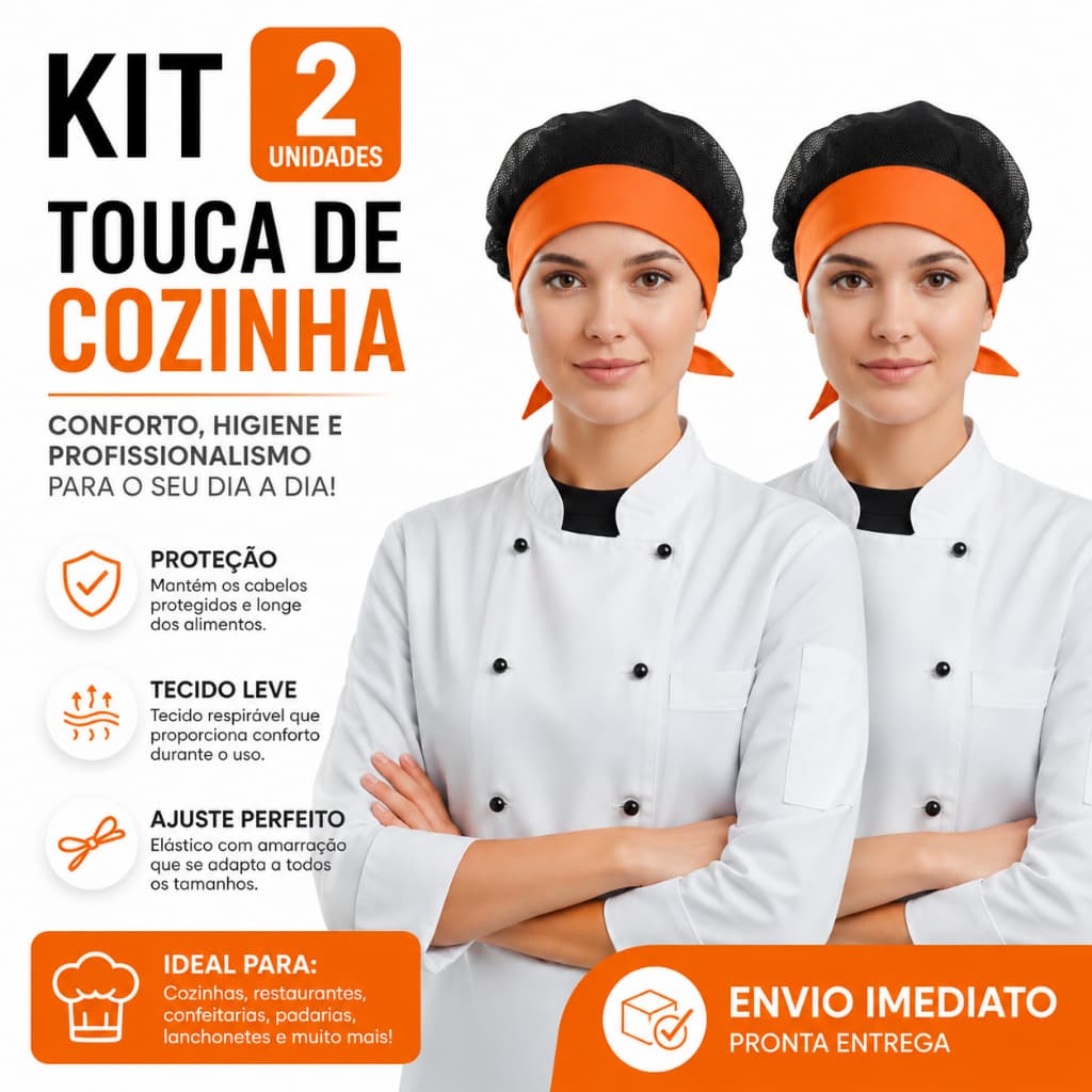 Touca de cozinha  kit 2 unidades preto com aba de malha laranja PV uso profissional