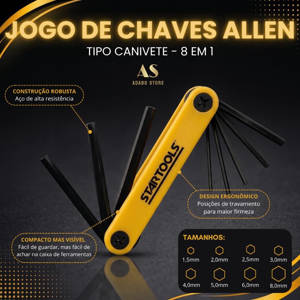 Kit Canivete Chave Allen 8 Peças 1,5mm A 8mm Aço Resistente Amarelo Ergonômico 8 em 1 Bike Móveis Startools