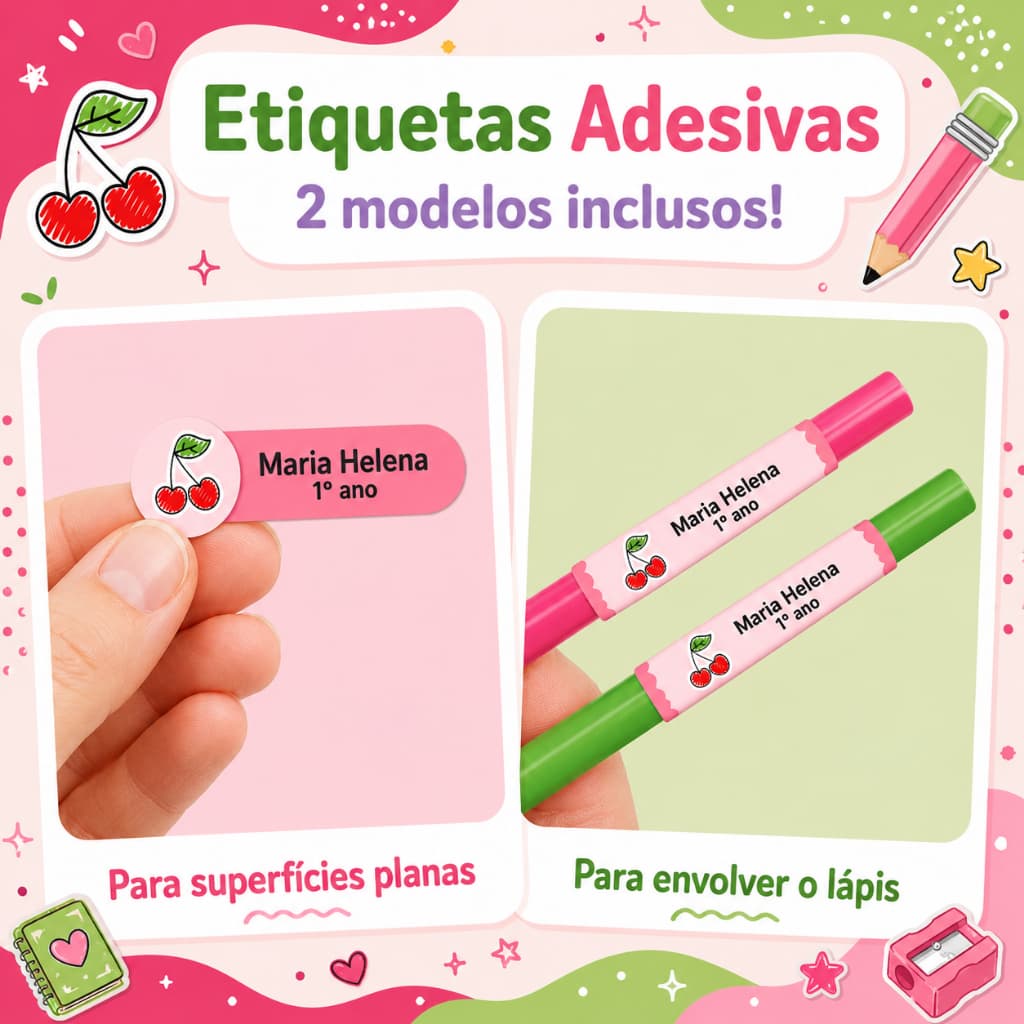 Kit com 50 Etiquetas Escolares – Etiquetas Planas + Etiquetas para Lápis – Volta às Aulas – Material Escolar