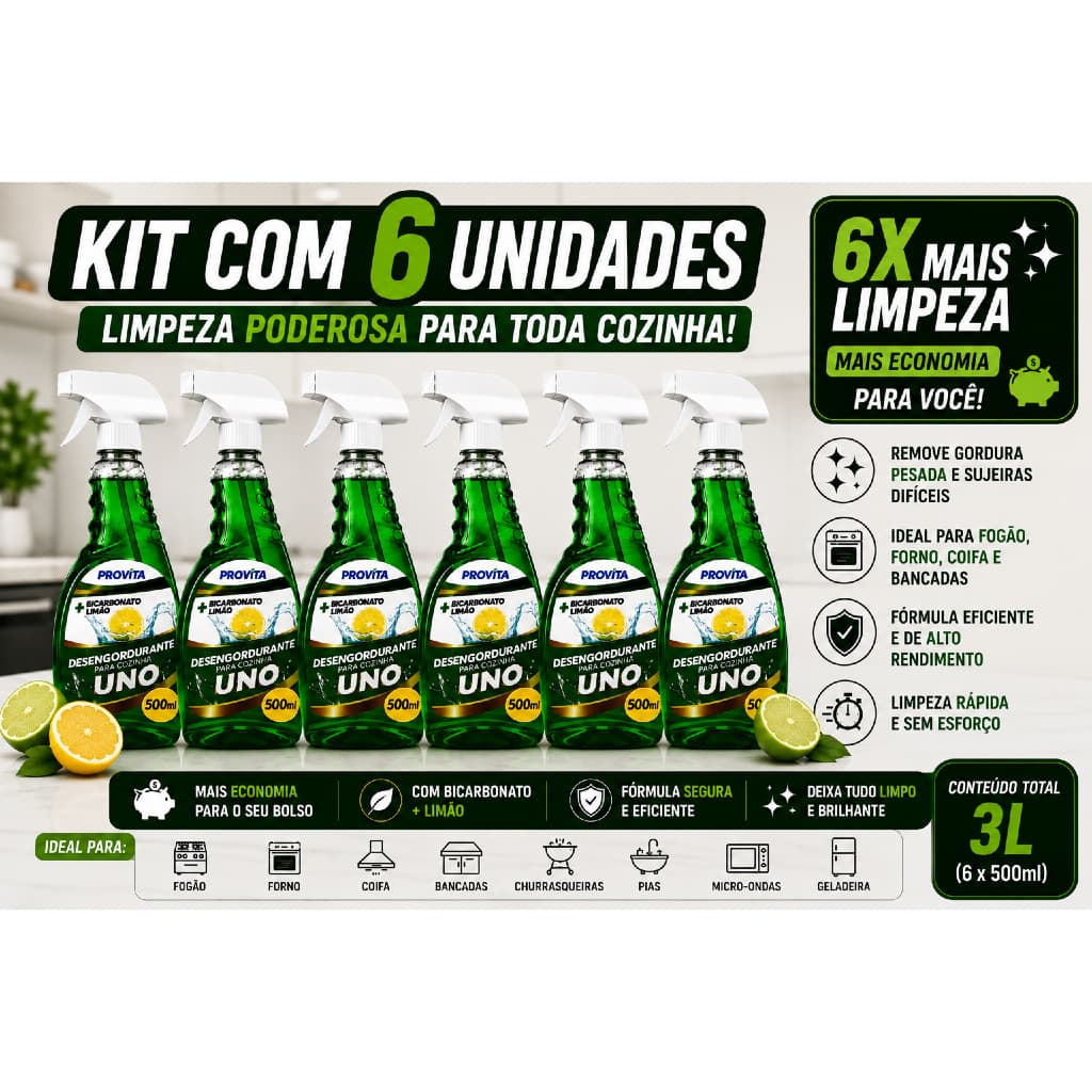 Kit 6 Limpa Cozinha 500ml Desengordurante Espuma Premium Limpa Remove Gordura Forno Fogão Coifa Air Fryer