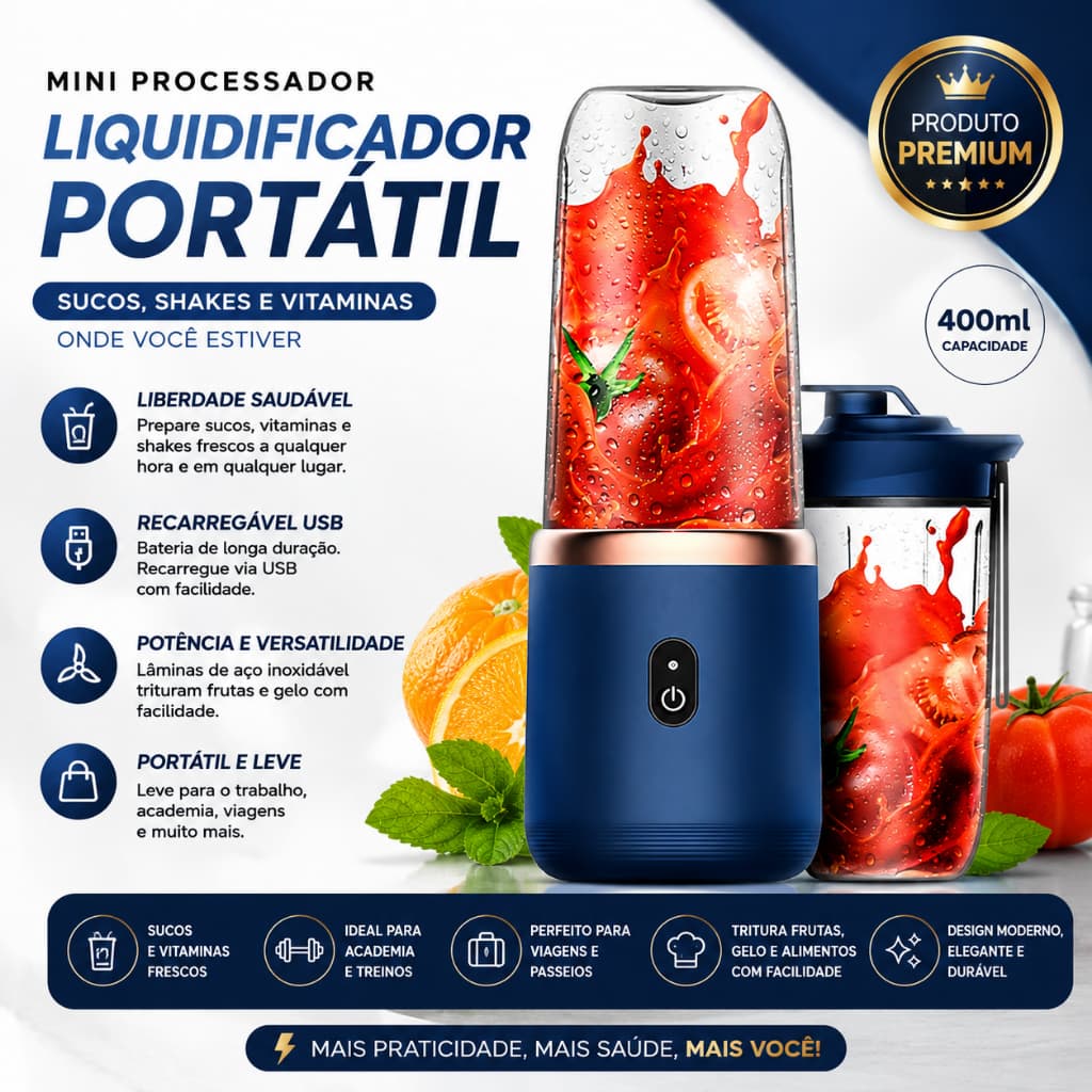 Azul - Mini Processador Liquidificador Portátil 400ml USB Recarregável Triturador de Alimentos Shake Vitaminas Sucos
