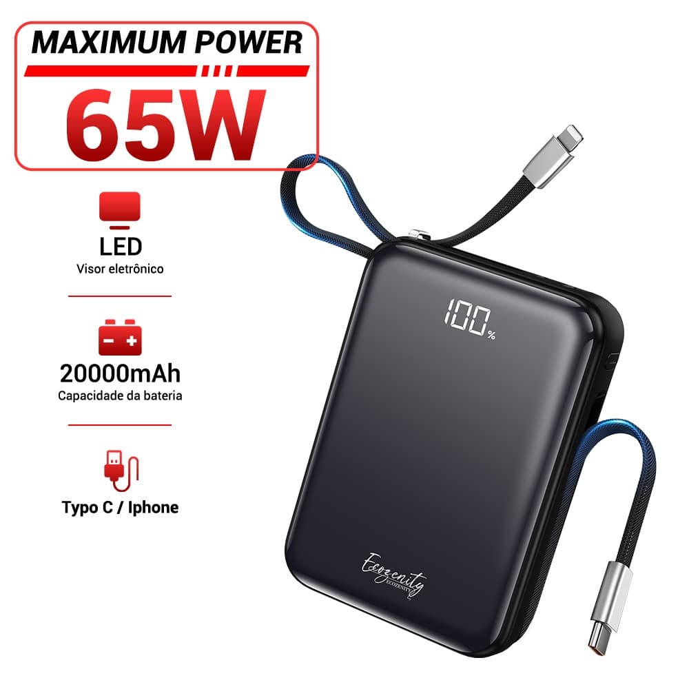 ECOZENITY powerbank 65W 20000MAH Carregamento rápido com dois tipos de cabos e tela LED