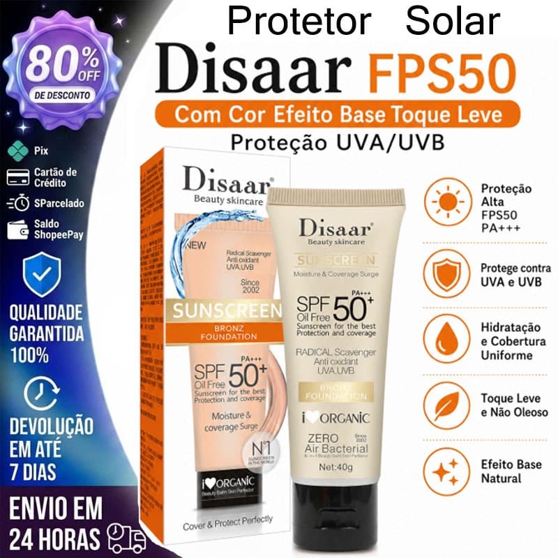 Protetor Solar Disaar FPS50 com Cor Efeito Base Toque Leve Proteção UVA/UVB