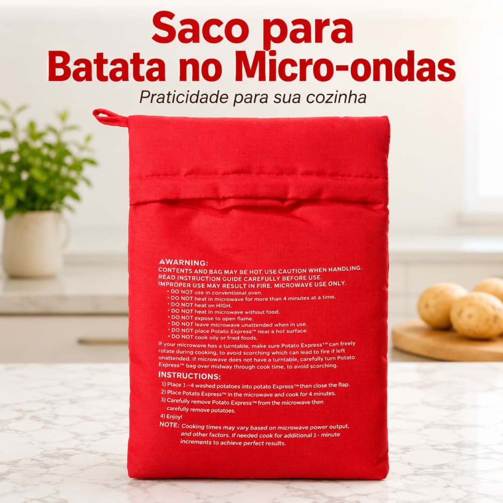 Saco para Cozinhar Batata no Micro-ondas Reutilizável 25x19cm Cozimento Rápido