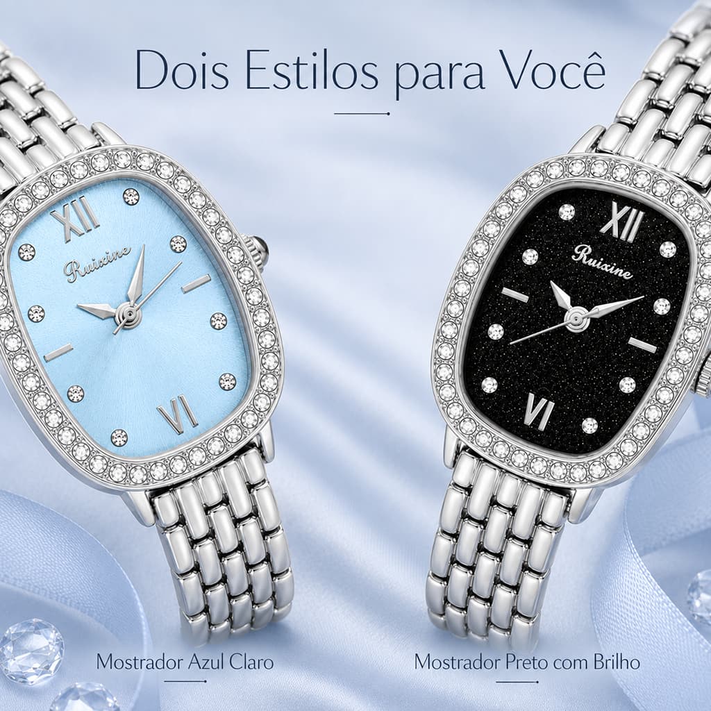 Relógio Feminino Ruixine Oval Elegante Quartzo Pulseira Aço Moldura de Cristal Luxo
