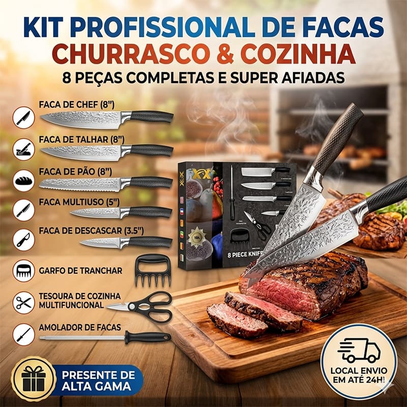 Kit Facas Churrasco Profissional 8 Peças em Inox para Cozinha Lâminas Super Afiadas