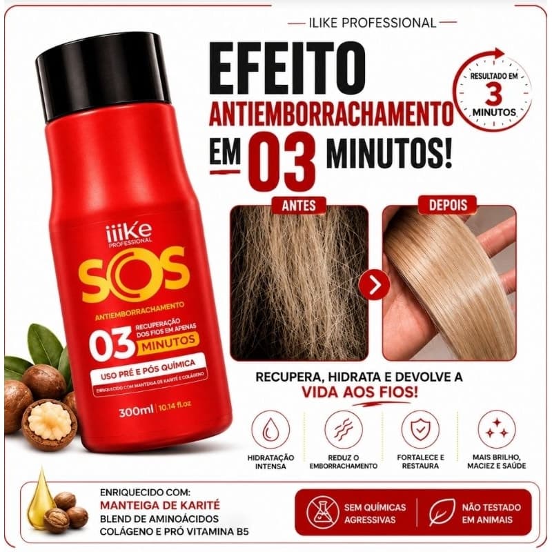Máscara Capilar SOS Antiemborrachamento 300ml - Recuperação Imediata e Fios Fortes