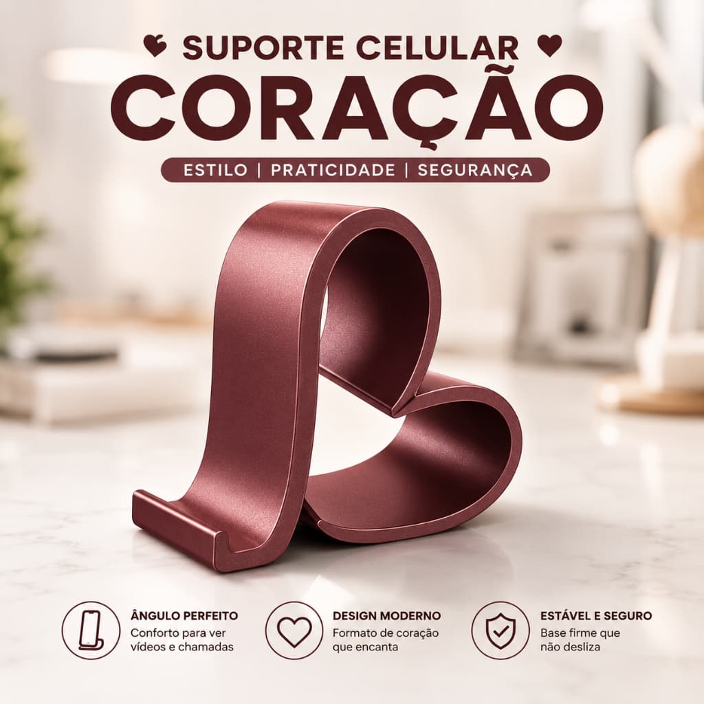 Suporte para Celular Formato Coração Base Mesa Decorativa Universal Home Office