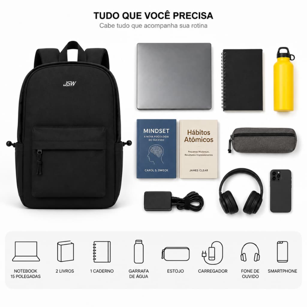 Mochila Casual Notebook 15.6 Preta Viagem Executiva Unissex Faculdade Escolar Resistente Leve Suporte para Mala Bagear