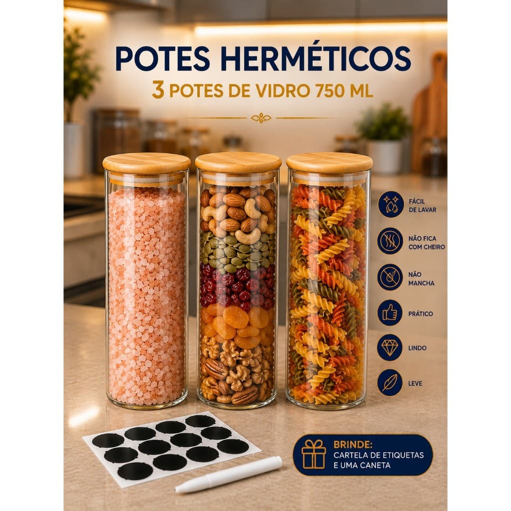 Kit 3 potes 750 de vidro tampa de bambu herméticos redondo com brinde
