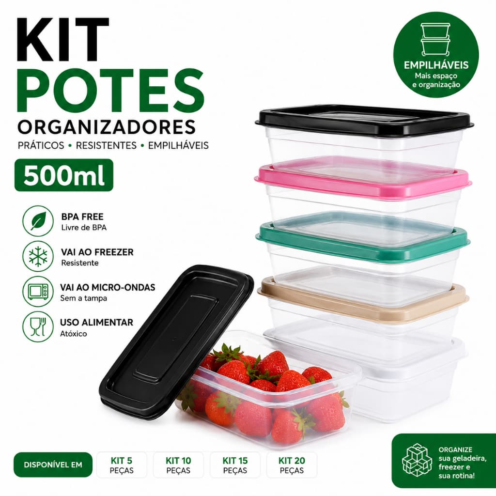 Potes Plastico 500ml BPA Free com Tampa Marmita Fitness Organizador para Geladeira e Freezer Kit 5/10/15/20