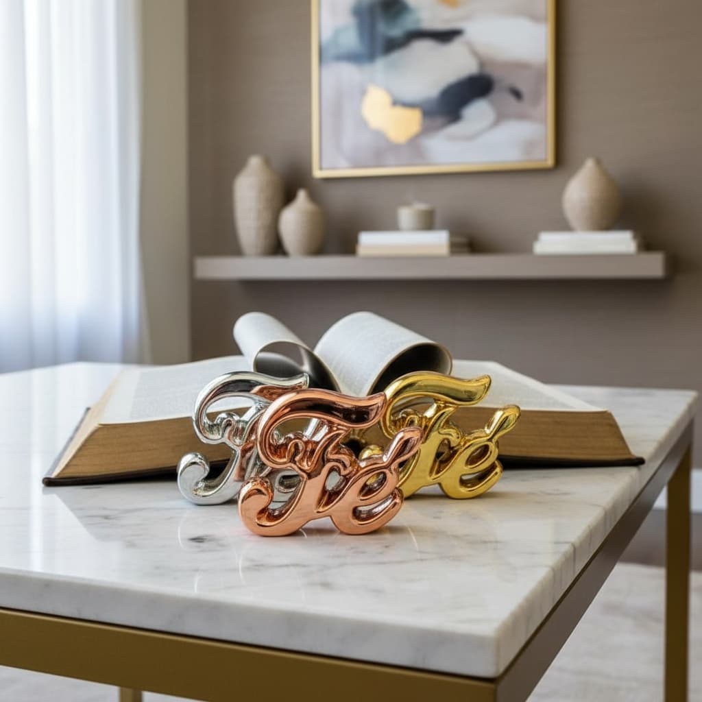 Palavra Paz  Fé Decorativa em Resina Dourada Enfeite Decoração Sala Quarto Escritório Mesa Aparador