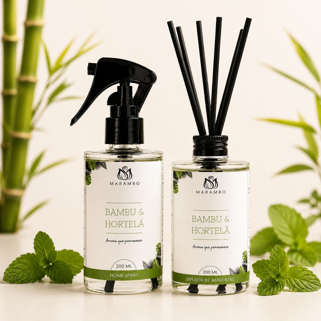 Kit Aromatizador de Ambiente Bambu e Hortelã Difusor de Varetas + Home Spray 200ml Marambo Premium Sala Quarto Banheiro